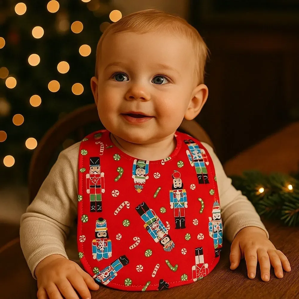 Handmade Christmas Nutcracker Baby Bib Snap Closure Absorbent Cotton Red